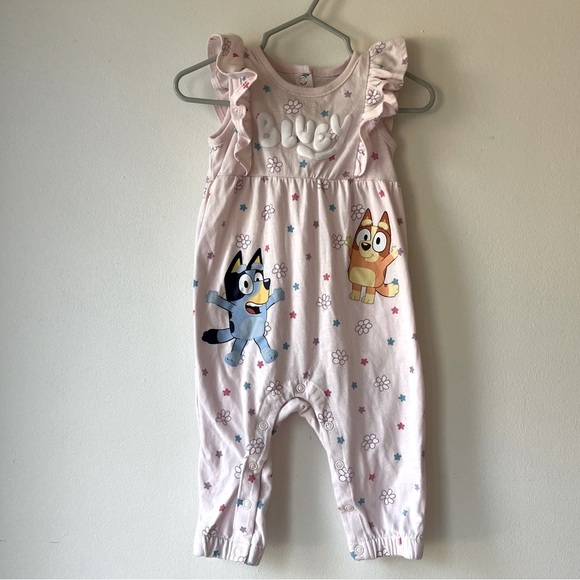 Bluey Baby Girls Romper 6-9M Pink Ruffle Sleeveless One-Piece Snaps Bingo Ruffle - Picture 1 of 8
